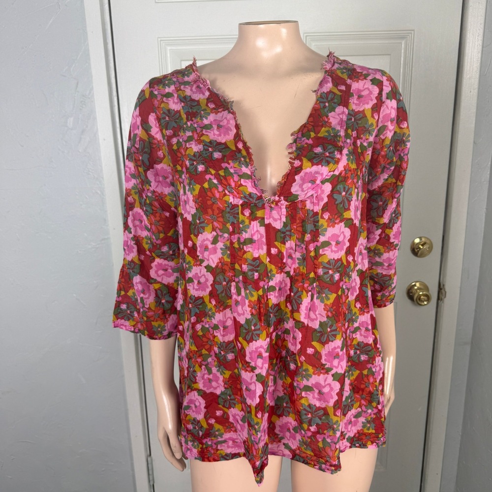 Natural Life Women's Shirt Small Medium Floral boho Cotton Half sleeve V neck D8